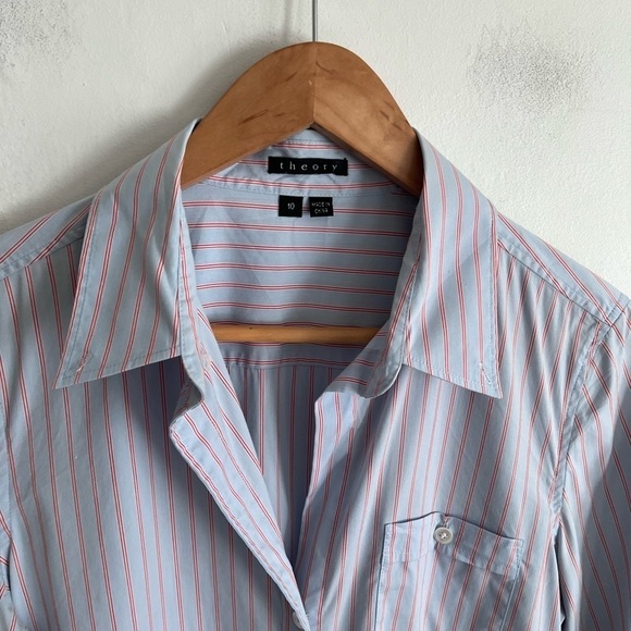 Theory Striped Orange and Light Blue Cotton Blend Shirt Dress - Picture 2 of 9